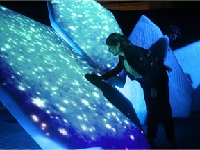 A woman reaches out to touch the real icebergs that have scenes of the arctic displayed on them. The media got a sneak peek at the Canadian Museum of Nature's new permanent Canada Goose Arctic Gallery. (Photo: Julie Oliver)