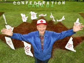 Mel Garner has been fussing with his garden since May, repairing grass, filling in bare patches and getting it ready again this year for his massive Canada Day flag.  The Aylmer retiree has an 18 x 34-foot maple leaf in his yard, neatly trimmed out of raised grass and this year he's added the provinces and territories for Canada's 150th.  "I've been doing this for so many years, it's just a habit now," says Mr. Garner, who's flag is even lit up by lights at night for all to see.  Julie Oliver/Postmedia