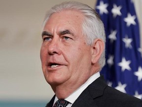 Secretary of State Rex Tillerson answers a question from the media about the U.S. leaving the Paris climate accord, while meeting with Brazilian Foreign Minister Aloysio Nunes Ferreira, Friday, June 2, 2017, at the State Department in Washington. (AP Photo/Jacquelyn Martin)