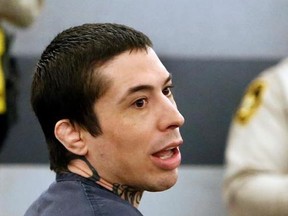 Former mixed martial arts fighter Jonathan Koppenhaver, aka War Machine, appears in court at the Regional Justice Center on Monday, June 5, 2017, in Las Vegas. Koppenhaver is ordered to serve 36 years to life behind bars after being convicted of more than two dozen charges, including sexual assault and first-degree kidnapping. (Bizuayehu Tesfaye/Las Vegas Review-Journal via AP)