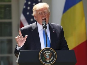President Donald Trump speaks during a news conference with Romanian President Klaus Werner Iohannis, in the Rose Garden at the White House, Friday, June 9, 2017, in Washington. Donald Trump is trying to change the subject from scandal back to his promise to make American job creation a top priority. ‚ÄúWe want to get back to running our great country,‚Äù Trump said Friday at a White House news conference. (AP Photo/Andrew Harnik)