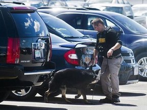 A police dog and handler search cars in a parking lot at Bishop International Airport, Wednesday morning, June 21, 2017, in Flint, Mich. Officials evacuated the airport Wednesday, where a witness said he saw an officer bleeding from his neck and a knife nearby on the ground. Authorities say the injured officer&#039;s condition is improving.