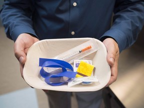 A injection kit is seen inside the newly-opened Fraser Health supervised consumption site in Surrey, B.C. Tuesday, June 6, 2017. Drug users in Surrey, B.C., will be allowed to use substances orally and nasally, not just by injection, at two supervised consumption sites in the city, the first time Health Canada has approved such an exemption. Provincial health officer Dr. Perry Kendall says that means more overdoses will be reversed, saving lives in the midst of an opioid epidemic. THE CANADIAN PRESS/Jonathan Hayward ORG XMIT: CPT126