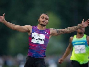 Canada&#039;s Andre De Grasse, of Markham, Ont., celebrates after racing to a first place finish in a time of 10.17 seconds during the 100-metre race at the Harry Jerome International Track Classic in Coquitlam, B.C., on Wednesday June 28, 2017. THE CANADIAN PRESS/Darryl Dyck