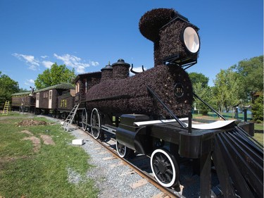 A train engine and passenger cars as we get a sneak peek tour of the MosaiCanada 150 gardens opening at the end of June in Jacques Cartier Park in Gatineau.