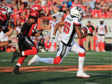 Ottawa Redblacks receiver Diontae Spencer runs the balls during the first half of CFL action against the Calgary Stampeders at McMahon Stadium in Calgary on Thursday June 29, 2017.