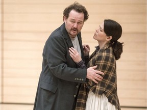 Baritone Russell Braun, centre, who plays Louis Riel, and mezzo-soprano Allyson McHardy, right, perform during rehearsals of the Canadian Opera Company's production of "Louis Riel" in Toronto on Thursday, March 30, 2017.