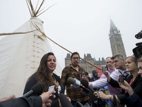 Candace Day Neveau speaks to reporters after Prime Minister Justin Trudeau visited a teepee on Parliament Hill on Friday, June 30, 2017.