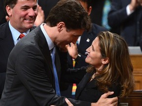 Minister of Foreign Affairs Chrystia Freeland is congratulated by Prime Minister Justin Trudeau and party members after delivering a speech in the House of Commons on Canada's Foreign Policy in Ottawa on Tuesday.