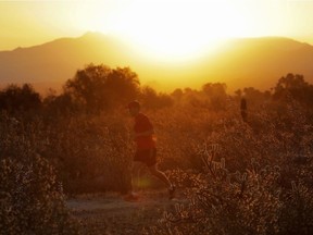 A man runs through the desert at sunrise, Friday, June 16, 2017, in Phoenix. A record heat wave is rolling into Arizona, Nevada and California, threatening to bring 120-degree temperatures to Phoenix by early next week. (AP Photo/Matt York) ORG XMIT: AZMY101
Matt York, AP