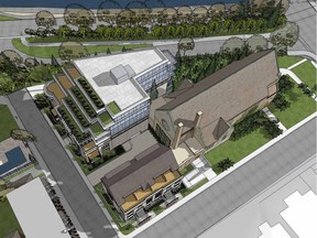 A rendering by Hobin Architecture shows Southminster United Church in Old Ottawa South after its rear annex is replaced with a condo building and townhouses.