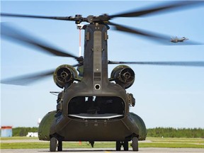 Royal Canadian Air Force CH-147F Chinook prepares for flight during Exercise MAPLE FLAG 50, at Hangar 6, 4 Wing Cold Lake, Alberta, on June 02, 2017.
Image by MCpl HJL MacRae, 4 Wing Imaging, CK05-2017-0460-003