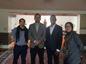 From left to right, Eduardo Alves Dos Anjos, Mohamed Shaheen, Peter Flegel and Amira Elghawaby announcing an arts contest for Muslim youth at the Ottawa Mosque on June 23, 2017.  Credit: Lauren Malyk/Postmedia