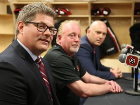 James Boyd (L),  new General Manger, Jeff Hunt (m), Ottawa 67's Governor and André Touringny (R), new Vice-President Hockey operations and Head Coach of the Ottawa 67's, June 13, 2017.