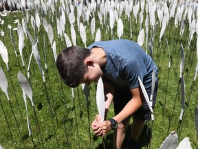 Volunteer Sam Abbott installs one of 9,000 hand-built sculpture as part of an installation called Populace at the Canadian Museum of Nature.