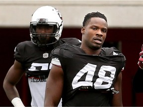 Kevin Pierre-Louis (48) is trying to earn a Redblacks roster spot as a linebacker after playing safety at Colorado State University. Julie Oliver/Postmedia