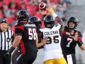 Starting QB Trevor Harris (7) played just two offensive series against the Ticats. He'll play against the Alouettes on Thursday, too, but how much remains to be determined. Tony Caldwell/Postmedia