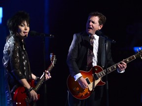 Michael J. Fox, right, performs onstage with Joan Jett during the Governor General's Performing Arts Awards gala at Rideau Hall in Ottawa on Thursday, June 29, 2017.