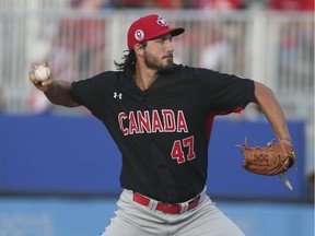 Phillippe Aumont, seen pitching for Canada at the 2015 Pan Am Games, struck out 11 and walked one in his no-hitter for the Ottawa Champions.