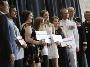 (L-R) Kristopher Beerenfenger, Maude Mercier, Sarah Stewart, Chelsey Hendrickson and Keira Mitchell received $4,000 scholarships from the Canada Company Scholarship Fund at City Hall in Ottawa, on June 23, 2017.