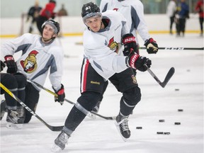 Christian Jaros takes a shot as the Ottawa Senators continue with their development camp for prospects at the Bell Sensplex.