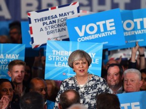 Prime Minister Theresa May speaks during her last campaign visit at the National Conference Centre on June 7, 2017 in Solihull, United Kingdom. Britain goes to the polls Thursday to vote in a general election.