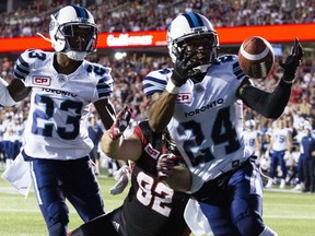 A.J. Jefferson (24), then with the Argonauts, intercepted a pass intended for the Redblacks' Zack Evans on a fake field goal during a CFL regular-season game last July 31. Darren Brown/Postmedia