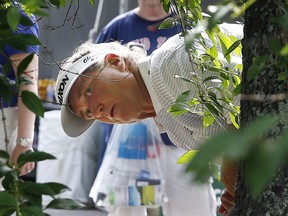 Peter Jacobsen looks for a shot out of the rough on the second hole during Friday's round. Jacobsen finished the round with a 76 for 153, missing the expected cut for the weekend. AP Photo/Michael Dwyer