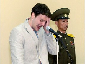 This file picture released from North Korea's official Korean Central News Agency (KCNA) on March 16, 2016 shows the trial of arrested U.S. student Otto Frederick Warmbier at the Supreme Court in Pyongyang. North. / AFP PHOTO / KCNA