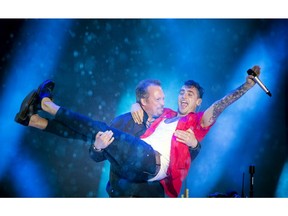 Hedley closed the show at WE Day, July 2, 2017 on Parliament Hill. Jacob Hoggard is carried off the stage at the end of the show.