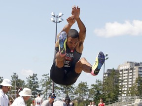 Canada's Pierce Lepage competes in the long jump portion of the decathlon at the Canadian Track and Field Championships in Ottawa on Tuesday, July 4, 2017.