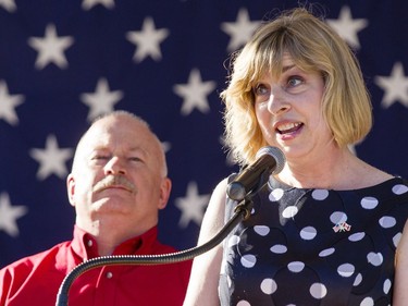 Chargé d'Affaires Elizabeth Aubin welcomes speaks during the July 4th party at Lornado, the official residence of the United States Ambassador to Canada, Tuesday, July 4, 2017.