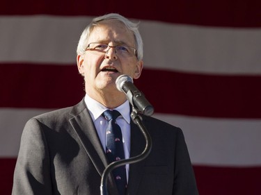 Federal Minister of Transport, Marc Garneau, speaks during the July 4th party at Lornado, the official residence of the United States Ambassador to Canada, Tuesday, July 4, 2017.