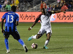 Julian de Guzman (89) takes a shot towards the end of the friendly match between Fury FC and Montreal Impact held at TD Place on Wednesday, July 12, 2017.