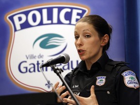 Andrée East, Gatineau police media relations officer, gives a press conference regarding the arrest of two individuals accused of inciting their own vigilante justice, among other charges, at the Gatineau police head quarters in Gatineau on Wednesday, July 12, 2017.