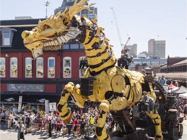 Long Ma, the horse-dragon arrives at her resting place after making her way through the Byward Market during a La Machine performance Saturday, July 29 2017.