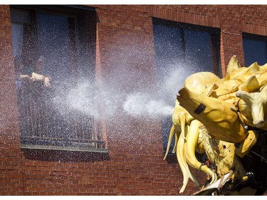 People watching from a condo get sprayed by Long Ma, the horse-dragon, as she makes her way through the Byward Market during a La Machine performance Saturday, July 29 2017.