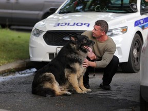 In a picture taken in 2014, Bernard Clarke, 39, comforts his dog Bear in front of the home he lived in with his grandmother, Bernice Schofield, at 976 Arkell St. The home was destroyed in an overnight two-alarm fire.