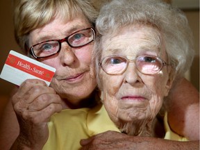da Devine's health card was recently refused at a Barrhaven walk-in clinic when she sought treatment for an infected abscess on her leg. The local 91-year-old was forced to pay $62 before the doctor would see her, says her daughter, Maxine McLean (left), who worries about other elderly people seeking care with old health cards.