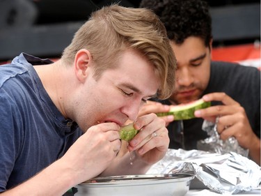 Alex MacKay cleans up at the watermelon-eating contest. In Lebanon, watermelon is often cooled in the rivers before eating, explained the announcer.