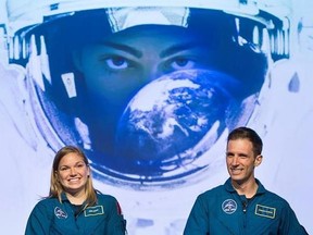 Canada&#039;s newest astronauts Jennifer Sidey and Joshua Kutryk answer questions from the audience during a visit to the Canadian Space Agency in Saint-Hubert, Que., Tuesday, July 4, 2017. THE CANADIAN PRESS/Graham Hughes