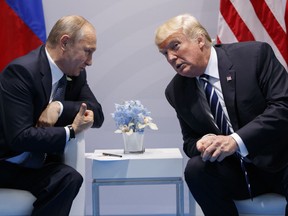 President Donald Trump speaks during a meeting with Russian President Vladimir Putin at the G20 Summit at the G20 Summit, Friday, July 7, 2017, in Hamburg.