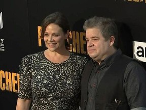 FILE - In this June 20, 2017, file image taken from video, Meredith Salenger, left, and Patton Oswalt arrive at the premiere of AMC&#039;s &ampquot;The Preacher,&ampquot; in Los Angeles. Oswalt is defending his engagement to Salenger from online critics who say the comedian is getting married too soon after his wife‚Äôs death last year. (AP Photo/Jeff Turner, File)