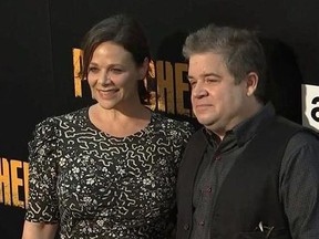 In this June 20, 2017, file image taken from video, Meredith Salenger, left, and Patton Oswalt arrive at the premiere of AMC&#039;s &ampquot;The Preacher,&ampquot; in Los Angeles. Oswalt is defending his engagement to Salenger from online critics who say the comedian is getting married too soon after his wife's death last year.