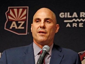 FILE - In this July 13, 2017, file photo, Rick Tocchet, the new coach of the Arizona Coyotes, speaks during a news conference in Glendale, Ariz. Three of the six NHL coaching vacancies this offseason were filled by first-timers as teams look to find the next new idea rather than recycling the past. Only Dallas&#039; Ken Hitchcock could be considered experienced, while Arizona&#039;s Rick Tocchet has less than two full seasons of experience and Los Angeles&#039; John Stevens parts of four years. (AP Photo/Ross