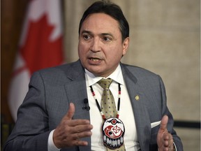 Assembly of First Nations National Chief Perry Bellegarde participates in TV interviews as he reacts to the federal budget on Parliament Hill, Tuesday, March 22, 2016 in Ottawa. THE CANADIAN PRESS/Justin Tang