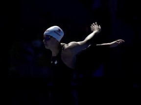 Penny Oleksiak, of Canada, prepares to compete in the women&#039;s 100-meter freestyle final during the swimming competitions of the World Aquatics Championships in the Duna Arena in Budapest, Hungary, Friday, July 28, 2017. The Toronto teen finished sixth in the event Friday at the FINA world championships, posting a time of 52.94 seconds. THE CANADIAN PRESS/AP-MTI, Tibor Illyes