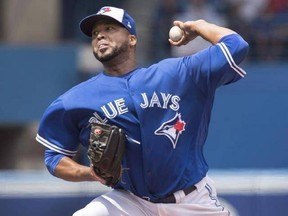 Toronto Blue Jays starting pitcher Francisco Liriano throws against the Los Angeles Angels during the first inning of their AL baseball game in Toronto on Saturday, July 29, 2017. The Toronto Blue Jays traded left-hander Liriano to Houston and right-handed reliever Joe Smith to Cleveland before the Major League Baseball non-waiver trade deadline on Monday, according to multiple media reportsTHE CANADIAN PRESS/Fred Thornhill