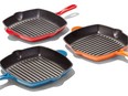 These colourful cast iron pans feature a helper handle for easier lifting and moving, as well as two pouring spouts for added convenience.