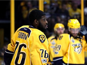P.K. Subban of the Nashville Predators looks on prior to Game Six of the 2017 NHL Stanley Cup Final against the Pittsburgh Penguins. (Photo by Bruce Bennett/Getty Images)